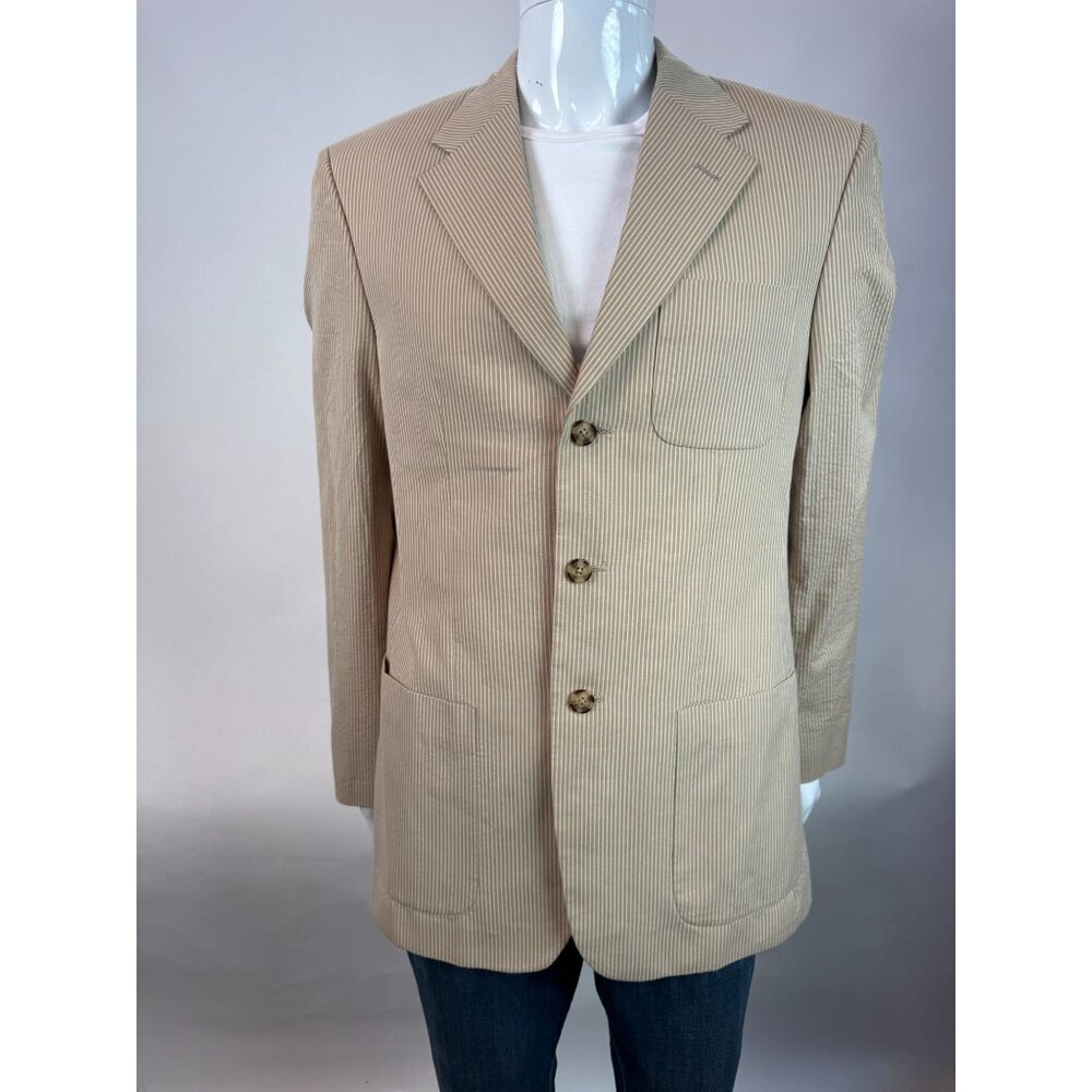 Perry Ellis Beige Seersucker Blazer 40R Regular 100% Cotton Shell & Acetate Lini